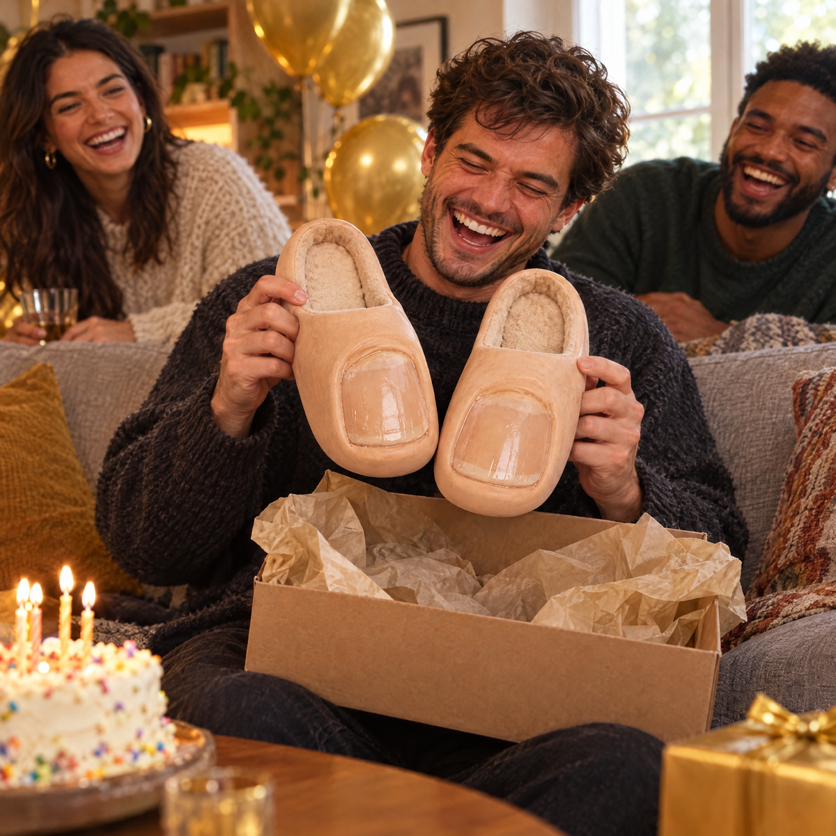 Opening FuniFeet slippers as a birthday gift